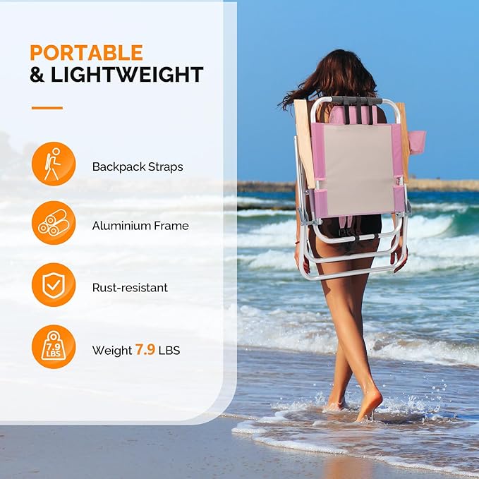 VINGLI Aluminum Backpack Beach Chair – Tall Beach Chairs for Adults Portable with Adjustable Straps 3-Position Reclining Cup Holder High Lightweight Beach Chairs for Beach (Pink 17 High)