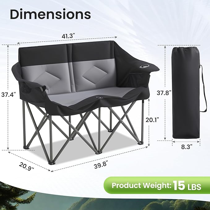 Foldable Double Camping Chair Heavy Duty 800 LBS Capacity with 2 Cup Holders &amp Side Pocket for Outdoor Camping Picnic (Black 1 PCS)