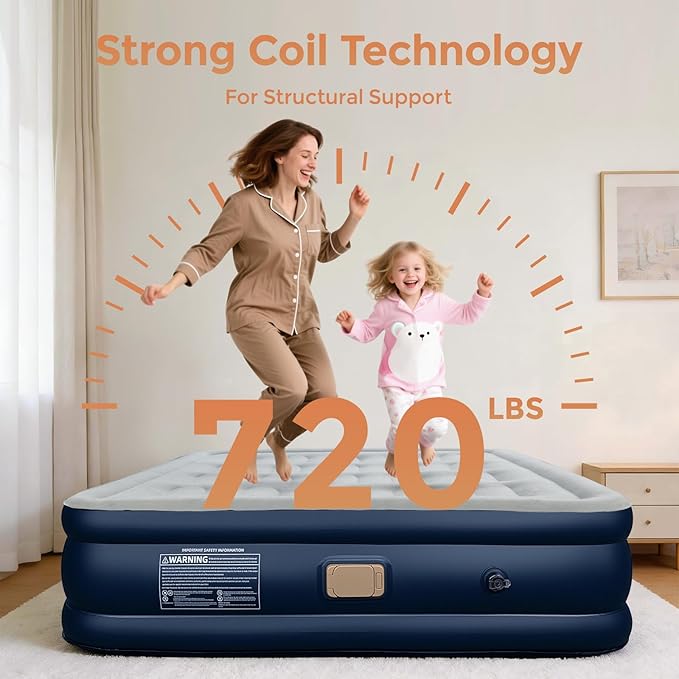 BEBAS Queen Size Air Mattress with Built-in Pump | Fast Inflation &amp Deflation | 16 Tall Extra High Support | 720lbs Max Weight Capacity | for Home Camping Guest &amp Office Use (Blue)