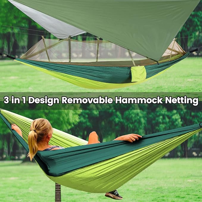 Camping Hammock with Mosquito Net &amp Rain Fly Tent Tarp &amp Tree Straps Portable Strong Nylon Hammock Parachute Tent w/Storage Bag for Camping Hiking Backyard Outdoor Backpacking Travel