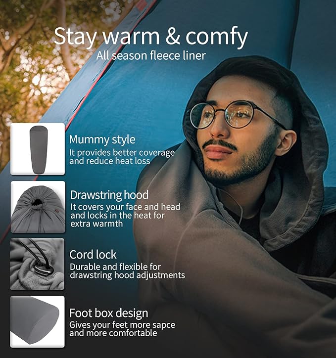 Litume All Season Fleece Sleeping Bag Liner Adds Up to 27°F/ 15°C Lightweight Mummy Sleeping Sack for Cold Weather and Winter Backpacking Camping Traveling with Drawstring Hood and Stuff Sack E629