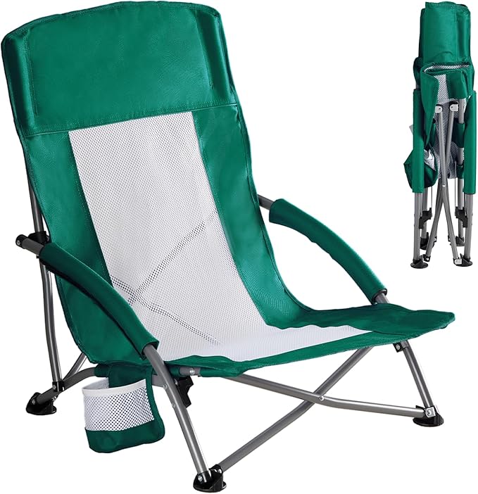 DUMOS Low Beach Chair for Adults Lightweight Folding Beach Chair with Cup Holder Storage Bag Breeze Mesh Back Padded Armrests Compact Low Profile Chair for Camp Picnic Lawn Sand
