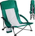 DUMOS Low Beach Chair for Adults Lightweight Folding Beach Chair with Cup Holder Storage Bag Breeze Mesh Back Padded Armrests Compact Low Profile Chair for Camp Picnic Lawn Sand