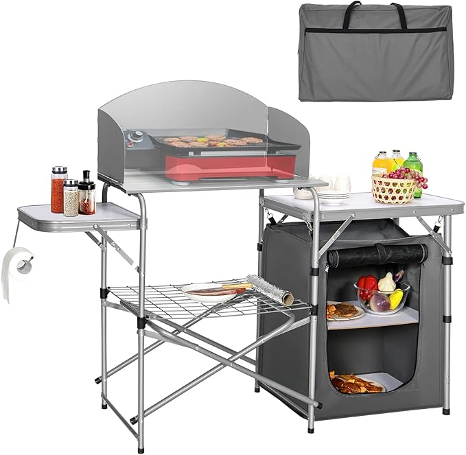 GYMAX Aluminum Portable Camping Kitchen Folding Cooking Table with 26 Tabletop Detachable Windscreen &amp Carrying Bag Outdoor Grill Table for BBQ Backyards