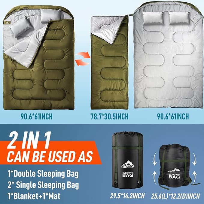 MEREZA Double Sleeping Bag for Adults Mens with Pillow XL Queen Size Two Person Sleeping Bag for All Season Camping Hiking Backpacking 2 Person Sleeping Bags for Cold Weather &amp Warm