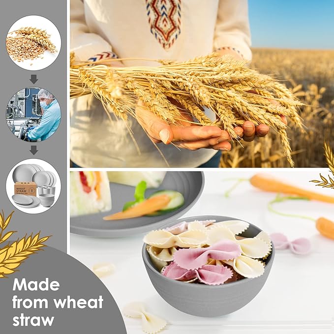 Teivio 32-Piece Kitchen Plastic Wheat Straw Dinnerware Set Service for 8 Dinner Plates Dessert Plate Cereal Bowls Cups Unbreakable Colorful Plastic Outdoor Camping Dishes Grey