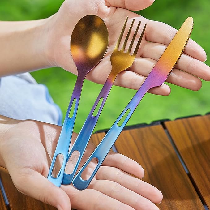 Titanium Cutlery Set Camping Utensils for Hiking &amp Travel 3-Piece Fork Spoon Knife Lightweight Portable Flatware Gradient Color Non-coating Dishwasher Safe RT142T (1 set)