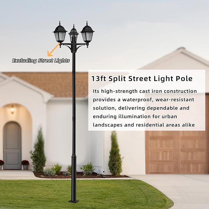 Street Light Pole 13ft Tall Galvanized Split Street Lamp Post for Outdoor Street Courtyard Parking Lot Lighting Post Fixtures with Mounting Ground Cage (13FT 114+76mm)