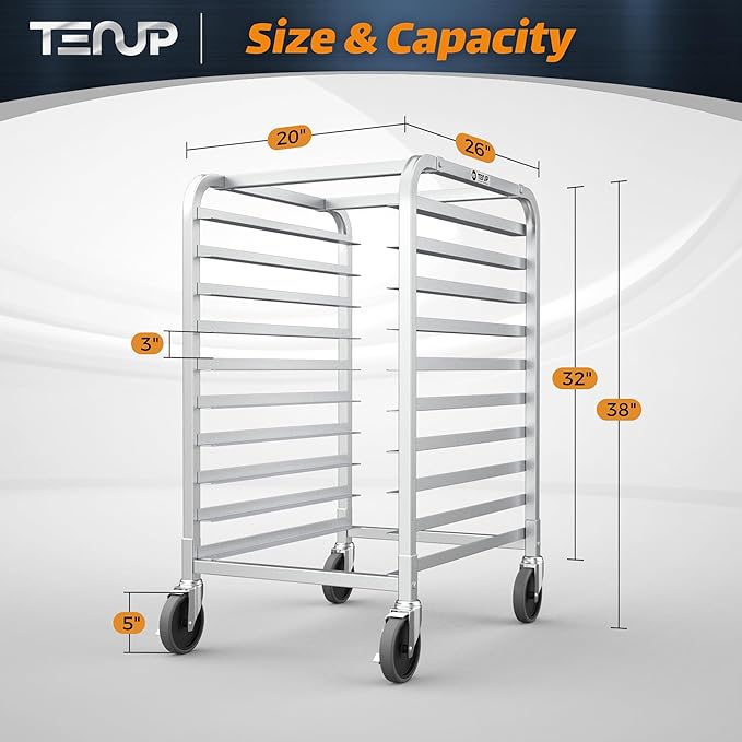 TenUp 10-Tier NSF Aluminum Sheet Pan Rack Commercial Bakery Cooling &amp Storage Cart with Wheels Heavy-Duty Bun Rack – 26 L x 20 W x 38 H