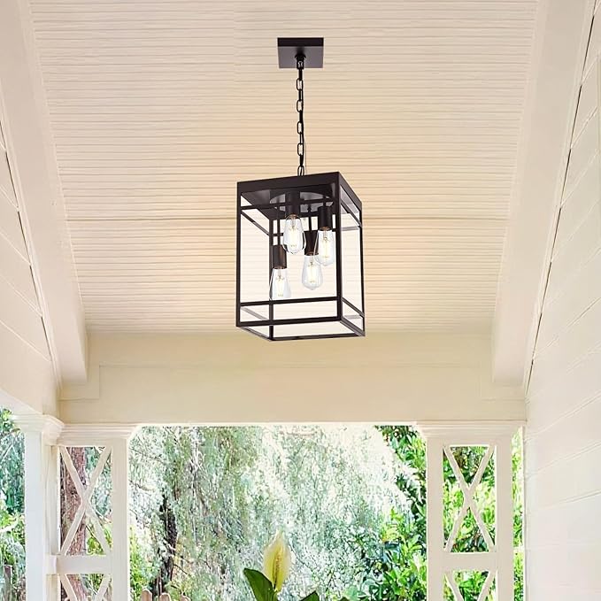 Large Outdoor Pendant Light for Porch Oil Rubbed Bronze Outdoor Hanging Light Fixture with Clear Glass Shade Exterior Linear Chandelier Hanging Lantern for Outside PatioFront Door