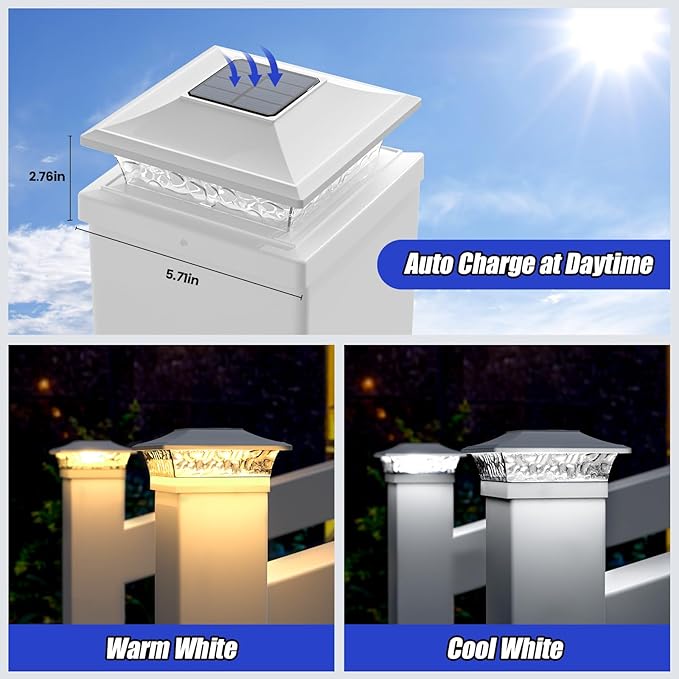 APONUO Solar Post Cap Lights 6 Pack for 4x4 5x5 6x6 Wood &amp Vinyl Fences - IP65 Waterproof All-Night Auto On/Off Warm/Cool White Light Outdoor Deck Patio Garden (White)