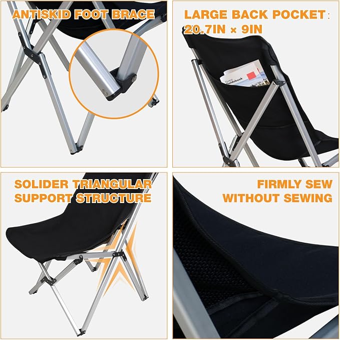 Portable Aluminum Alloy Folding Camping Chair - 275lbs Capacity Lightweight &amp Compact for Outdoor Beach and Travel (Black)