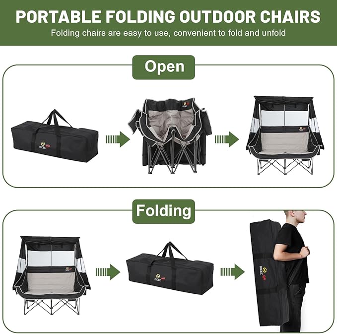 Nice C Heated Double Camping Chair with Canopy Heated Outdoor Sports Folding Chair with Battery Portable Padded Umbrella Chairs with Shade Cup Holder Cooler Bag Loveseat for Lawn Outdoors