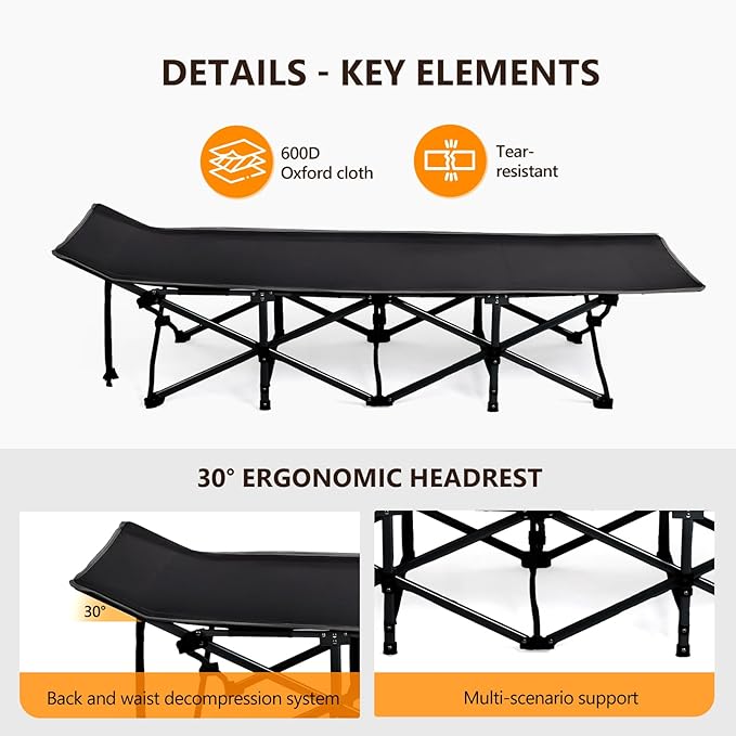 VINGLI Folding Camping Cot BedCamping Cots for Adults with Mattress Cots for Sleeping with Pillow 1200D Layer Oxford for for Guest-Black 1P