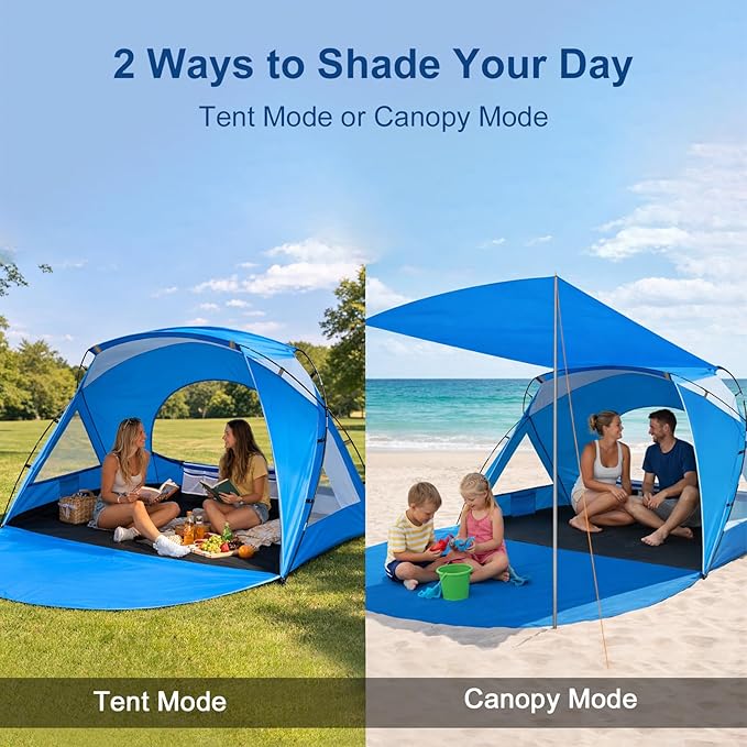 Beach Tent Portable Sun Shelter for 2/3/4/6-8 Person with UPF 50+ UV Protection Easy Setup Waterproof Beach Shade Canopy Cabana for Family Outdoor and Picnics Fishing with Carrying Bag