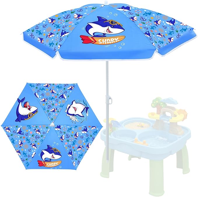 Sweetude Water Table Umbrella (Table Not Included) Kids Seaside Beach Umbrella Picnic Canopy for Summer Toddlers Sand Beach Camping Garden Outdoor Pool Shade Party Supply(Shark Theme)