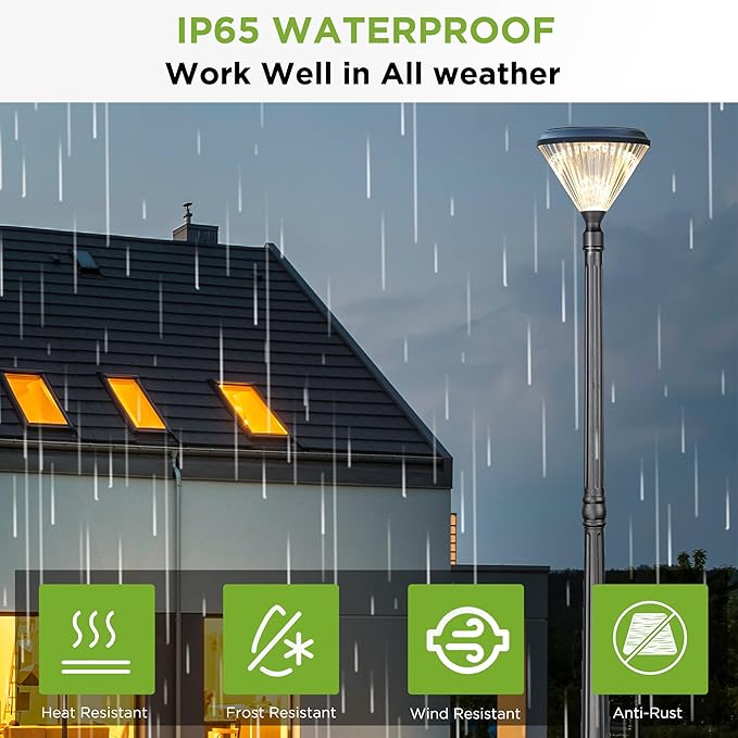 TIERONE 7.2FT LED Post Solar Light Dusk to Dawn Landscape Pathway 1-Head Pole Light IP65 Waterproof 3000K Warm White Outdoor Street Lights for Lawn Patio Yard Pathway Garden