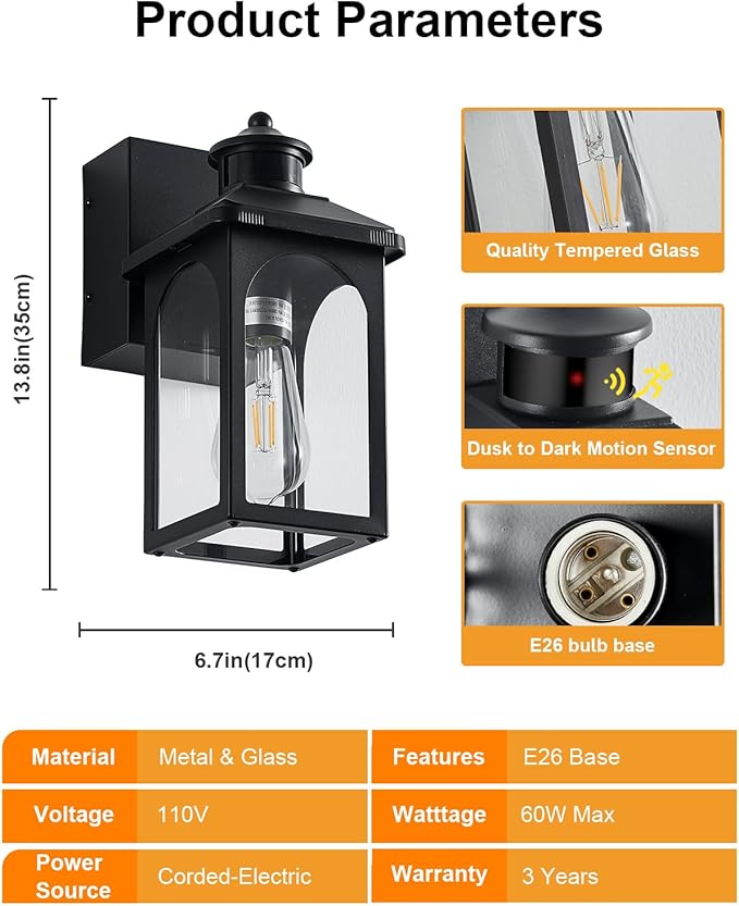 Porch Light with GFCI Outlet: 2 Pack Motion Sensor Porch Lights Outdoor with Remote Control Dusk to Dawn Exterior Lighting Fixtures Black Modern Outdoor Wall Lights for House Garage Patio