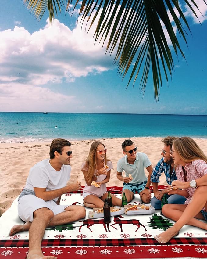 Beach Blanket Waterproof Sandproof Christmas Buffalo Plaid Elk Xmas Tree Quick Drying Beach Mat with 4 Stakes Retro White Red Snowflake Lightweight Picnic Blanket for Travel Camping 108x84