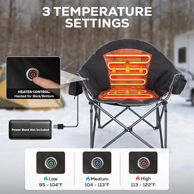 Romswi 2-Pack Heated Oversized Camping Chairs for Adults Heavy Duty 500lbs Folding Chair with 3-Level Heating (Power Bank Not Included) Portable Padded Lawn Chairs with Cup Holder Black&ampGray