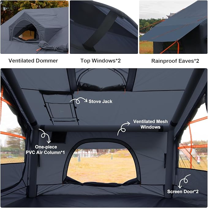 Inflatable Camping Tent2/4/6/8 Person Glamping Inflatable Tents with Awning Quick Setup Blow Up Tents with Pump Waterproof Oxford Inflatable House for Camping Air Glamping Hot Tents for Adult