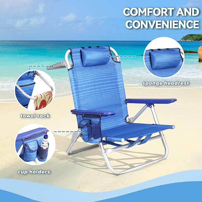 OFIKA Backpack Beach Chairs for Adults Folding Beach Chairs with 5 Adjustable PositionsCamping Chairs with HeadrestTowel RackLarge Pockets and Cup HolderSupports up to 300lbs (Navy Blue 2pack)