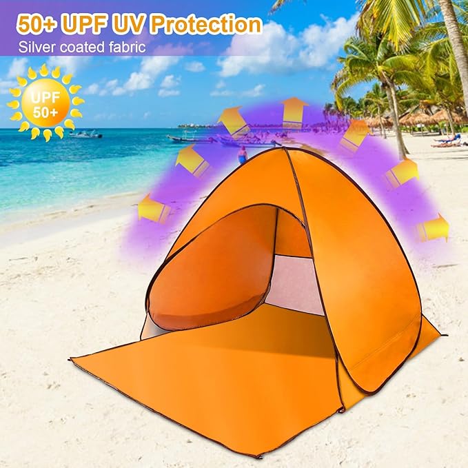 Pop Up Beach Tent Sun Shade Shelter Anti-UV Automatic Beach Tent Canopy for 2-3 People with Net Window Carry Bag for Park Camping (Orange)