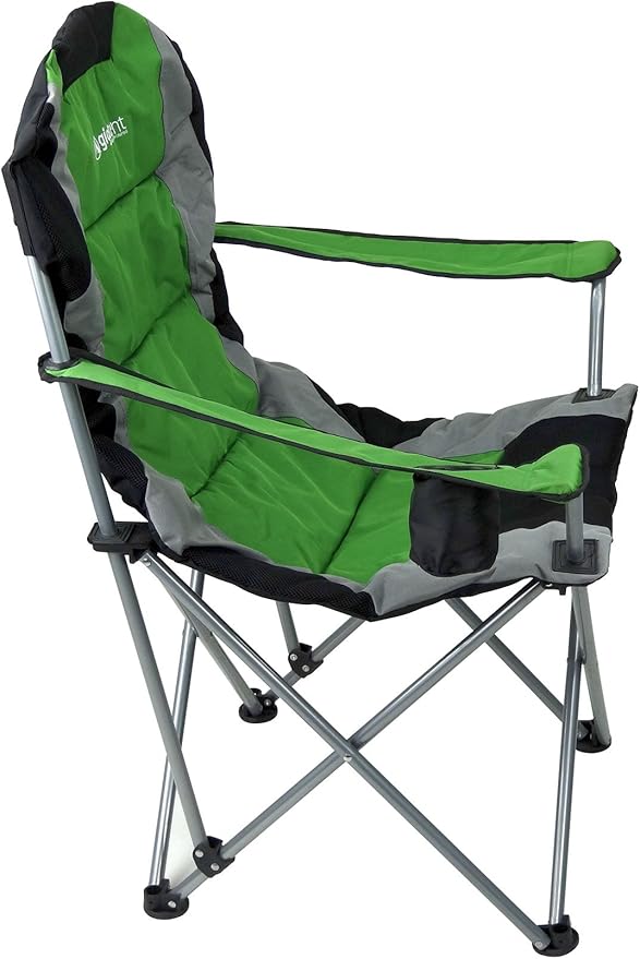 GigaTent Green Folding Camping Chair – Ultra Lightweight Collapsible Quad Padded Lawn Seat with Full Back Arm Rests Cup Holder and Shoulder Strap Carrying Bag – Powder Coated Steel Frame