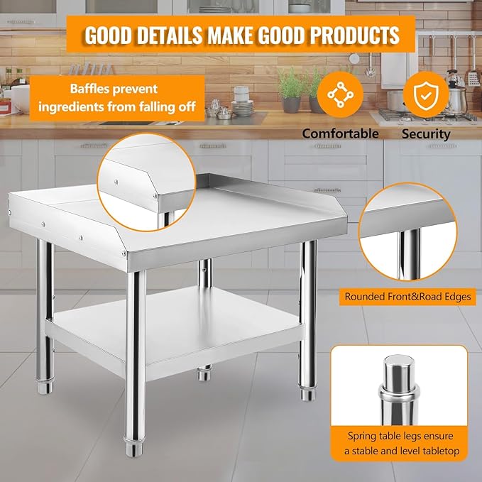 Stainless Steel 60x30x24 inch Equipment Grill Stand Table 660 LBS Top and Bottom Shelf Adjustable Legs 2 inch Edge Baffle for Hotel Home Commercial Restaurant Kitchen