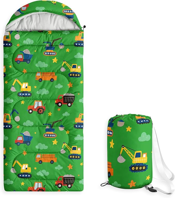Wake In Cloud - Construction Car Kids Sleeping Bag for Boys Toddlers Camping in Warm Cold Weather Backpacking Lightweight Compact Outdoor Liner for 3 Seasons Summer Spring Fall