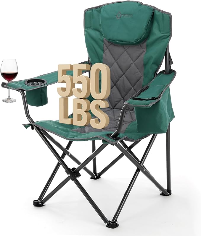 ARROWHEAD OUTDOOR Portable Deluxe Folding Camp Quad Chair w/Headrest Glass &amp Cup Holders Armest 6-can Cooler Heavy Duty Carry Bag 550 lbs Weight Capacity