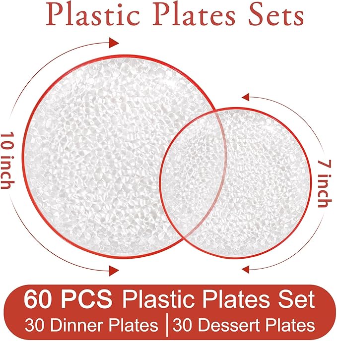 Rubtlamp 60Pcs Red Plastic Plates Clear Plastic Plates With Red Rim Heavy Duty Disposable Plates for Party Fancy Hammered Plates Include 30 Red Dinner Plates 30 Clear Cake Plates