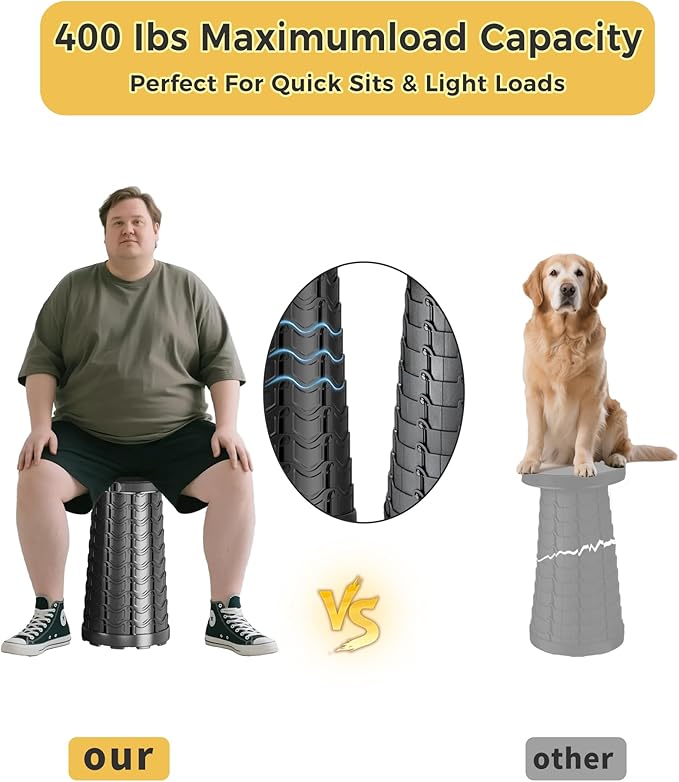 Upgraded Collapsible Stool with Detachable Cushion &amp Waterproof Bag - 400lbs Heavy Duty Portable Folding Stool for Adults Telescoping Camping Seat with Carrying Straps for Fishing Hiking Travel B