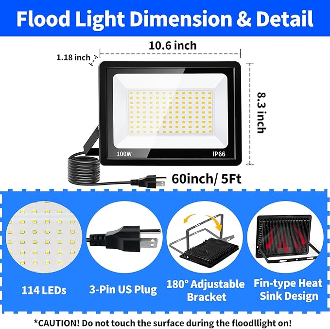 100W LED Outdoor Flood Lights with Plug 12000lm Bright Work Light with 5ft Cord 5000K Daylight White Exterior Floodlight IP66 Waterproof Security Light Yard Lights for Garage Stadium 2 Pack
