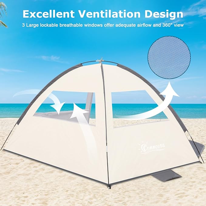 COMMOUDS Beach Tent Sun Shade for 3/4/6/8 Person UPF 50+ Beach Sun Shelter Canopy Tent Lightweight Easy Set Up and Carry