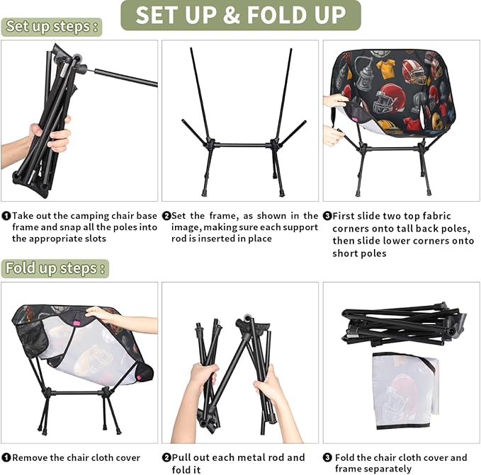 Rugby Camping Chair Folding Backpacking Chair Sports Ball Portable Lightweight Outdoor Chairs with Side Pockets for Hiking Beach Picnic