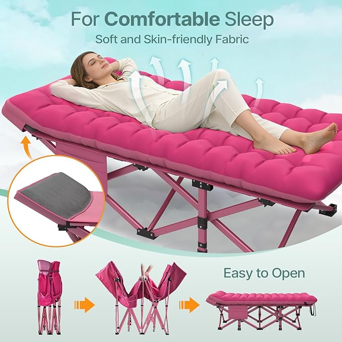Suteck 32In XXL Folding Camping Cot 900LBS Heavy Duty Sleeping Cot with Pillow Mattress 1200D Double-Layer Oxford Portable Cot for Adults with Carry Bag for Home Office Nap Beach Travel