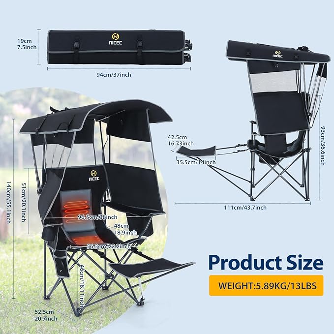 Nice C Chair with Canopy Heated Camping Chair with Battery Outdoor Sports Chairs with Shade Heated Folding Umbrella Lawn Chairs with Removable Footrest (2-Pack)