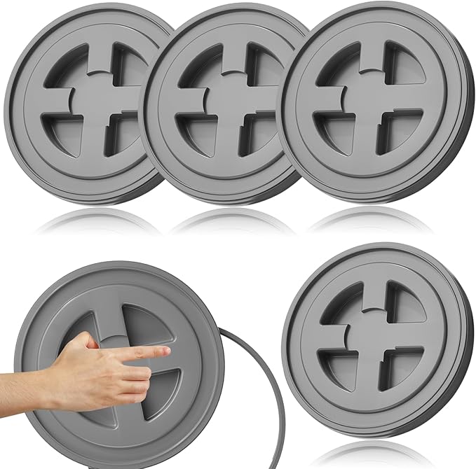 4 Pieces 5 Gallon Bucket Lids 12inch Leak-proof Plastic Seal Screw Top Airtight Lid Reusable Drum &amp Pail Lid for Pet Food Storage Home Paint Storage and Industrial Storage Buckets -Grey