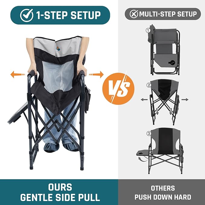 Camping Chairs for Adults Directors Chair with Side Table 1-Step Setup Mesh Backrest Folding Lawn Chairs with Pocket Foldable Camp Chair for Outdoor Picnic Sports and Fishing Black