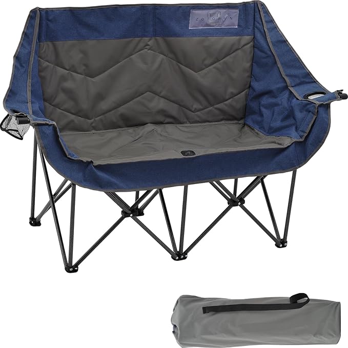 Portable Double Folding Love Seat Padded Camping Chair with Cup Holder Navy Blue and Gray