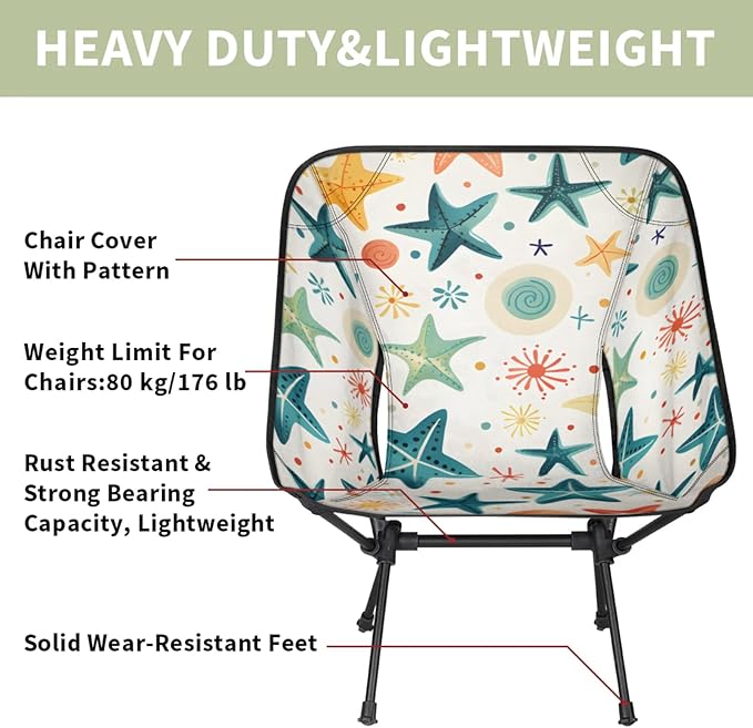 Honeybaby Folding Camping Chair Starfish Pattern Camping Chairs Lightweight Portable Chair Outdoor Foldable Chairs for Camping Travel Picnic Beach Hiking