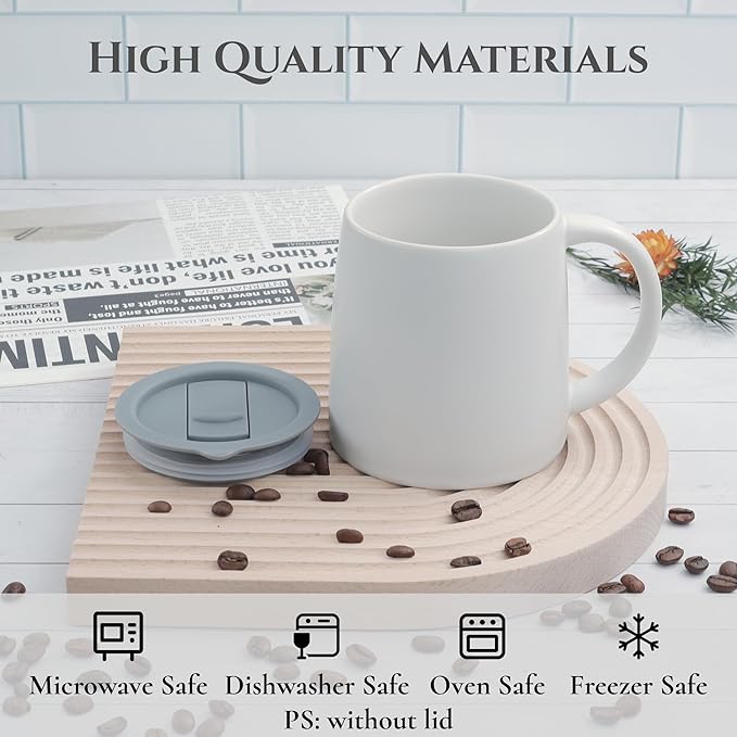Classic Mug 14 oz Large Coffee Mug with Handle Ceramic Porcelain Tea Cup Smooth Matte (Sliding Lid Set of 2 White and Black)