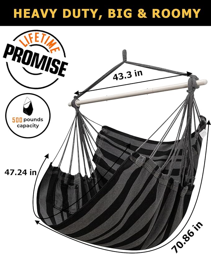 ADVOKAIR Hammock Chair Large 70.9x47.2 32% Bigger XXL Hanging Swing Chair with 500lbs Capacity Heavy Duty Steel Spreader Bar Extra Roomy Comfort for Adult Indoor Outdoor Bedroom Patio