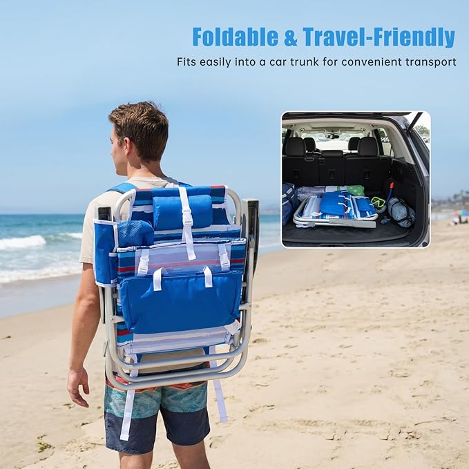 SUNNYFEEL Beach Chairs for Adults 2 Pack 5 Position Lay Flat Portable Folding Backpack Beach Chair Heavy Duty with Cooler Bag Cup Holder for Outdoor/Lawn/Picnic Foldable Camping Chair
