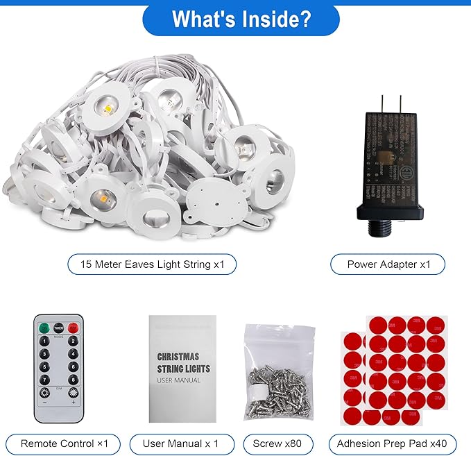 Permanent Christmas Outdoor Lights50ft 36LED Eaves Lights with Remote8 Modes Waterproof Outdoor Eave Connectable Christmas String Lights for Indoor Party (White)