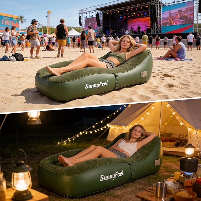 SUNNYFEEL Inflatable Lounge Chair with Built-in Pump Heavy Duty PVC Flocked Inflatable Sofa for Adults Portable Air Lounger for Camping Beach Home &amp Outdoor Army Green