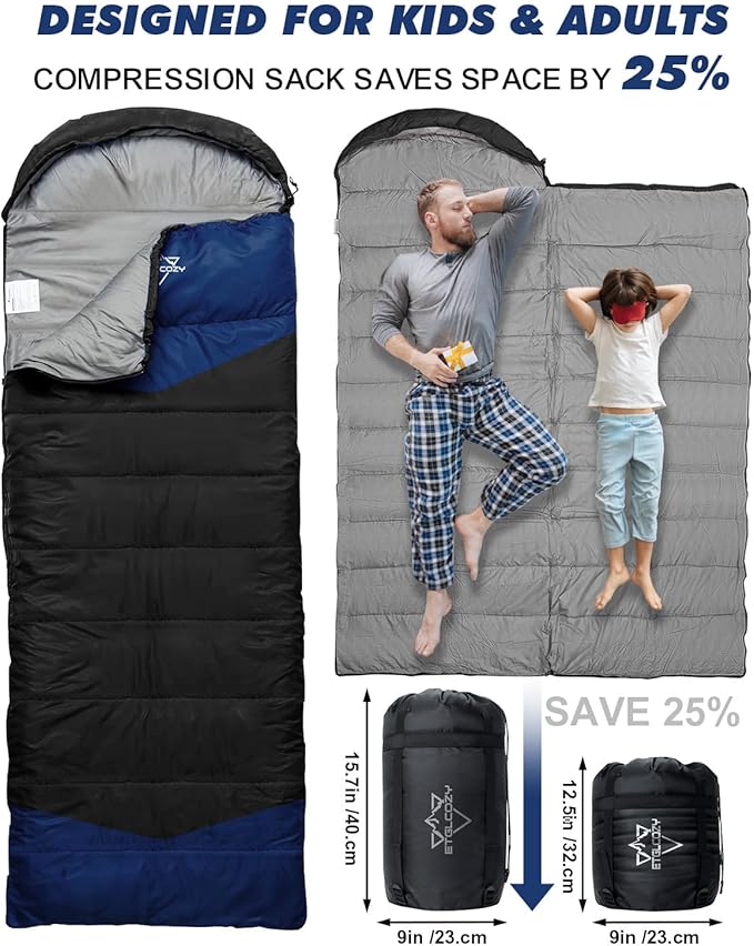 Lightweight 3-Season Sleeping Bag for Adults/Kids Camping Compact w/Compression Sack Waterproof Ripstop Portable for Backpacking Hiking Travel