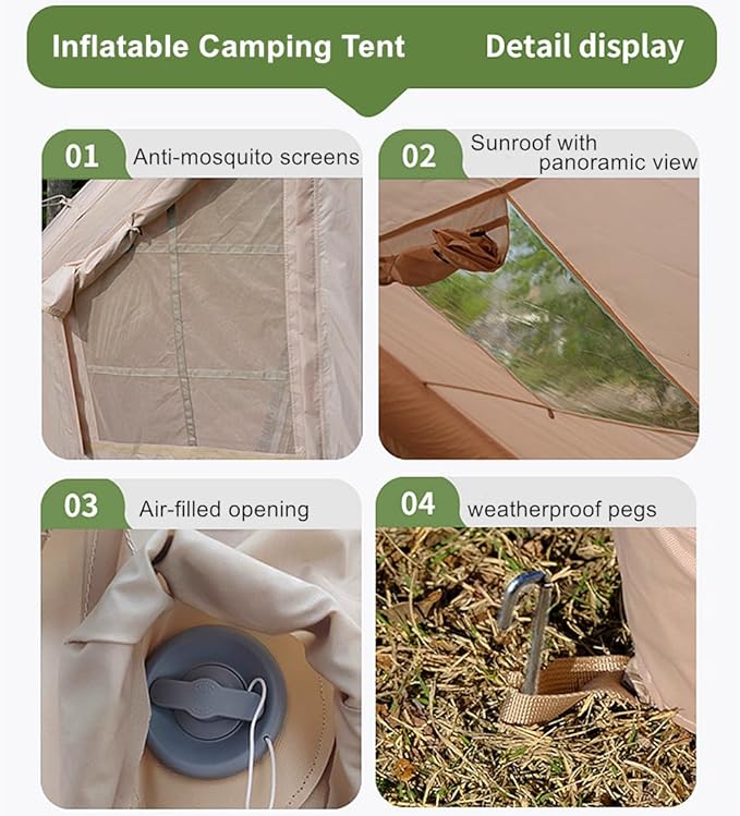 UNIISTRENGH Inflatable Camping Tent Air Glamping Quick Set Up Waterproof Pop Up Tents with Stove Jack Hole and Carry Bag