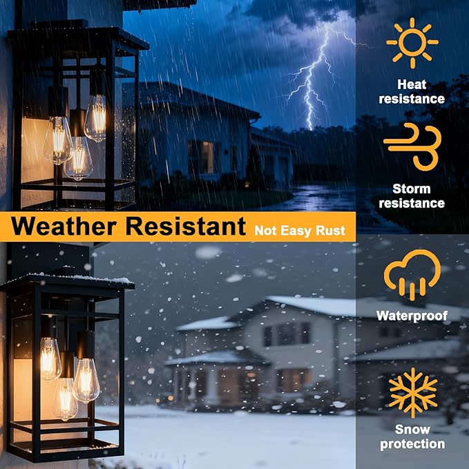 3 Lights Large Outdoor Wall Sconce LightsBlack Modern Outdoor Wall Light FixturesExterior Lighting Fixtures Waterproof Outside Front Porch Lantern for HousePatioGarage with E26 Base